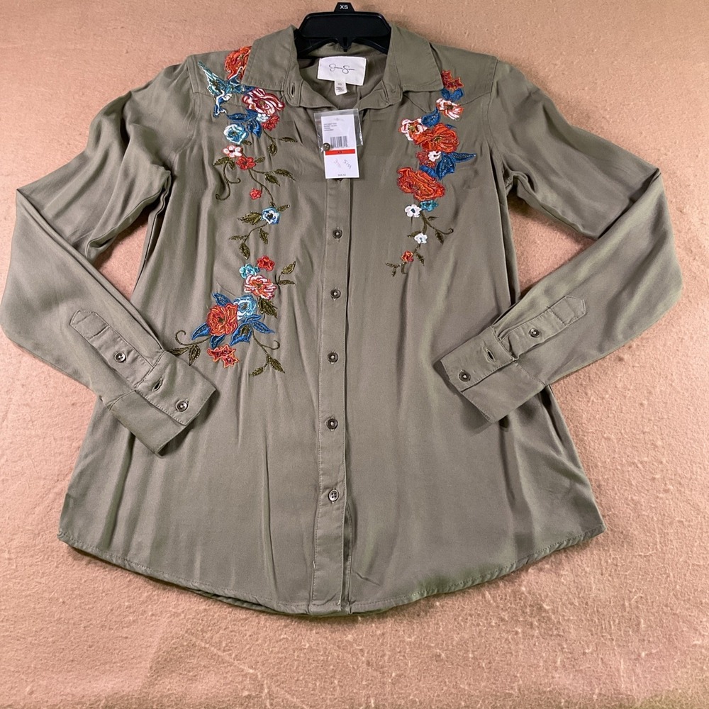 Jessica Simpson Burnt Olive Embroidered Floral Button Down Shirt XS New